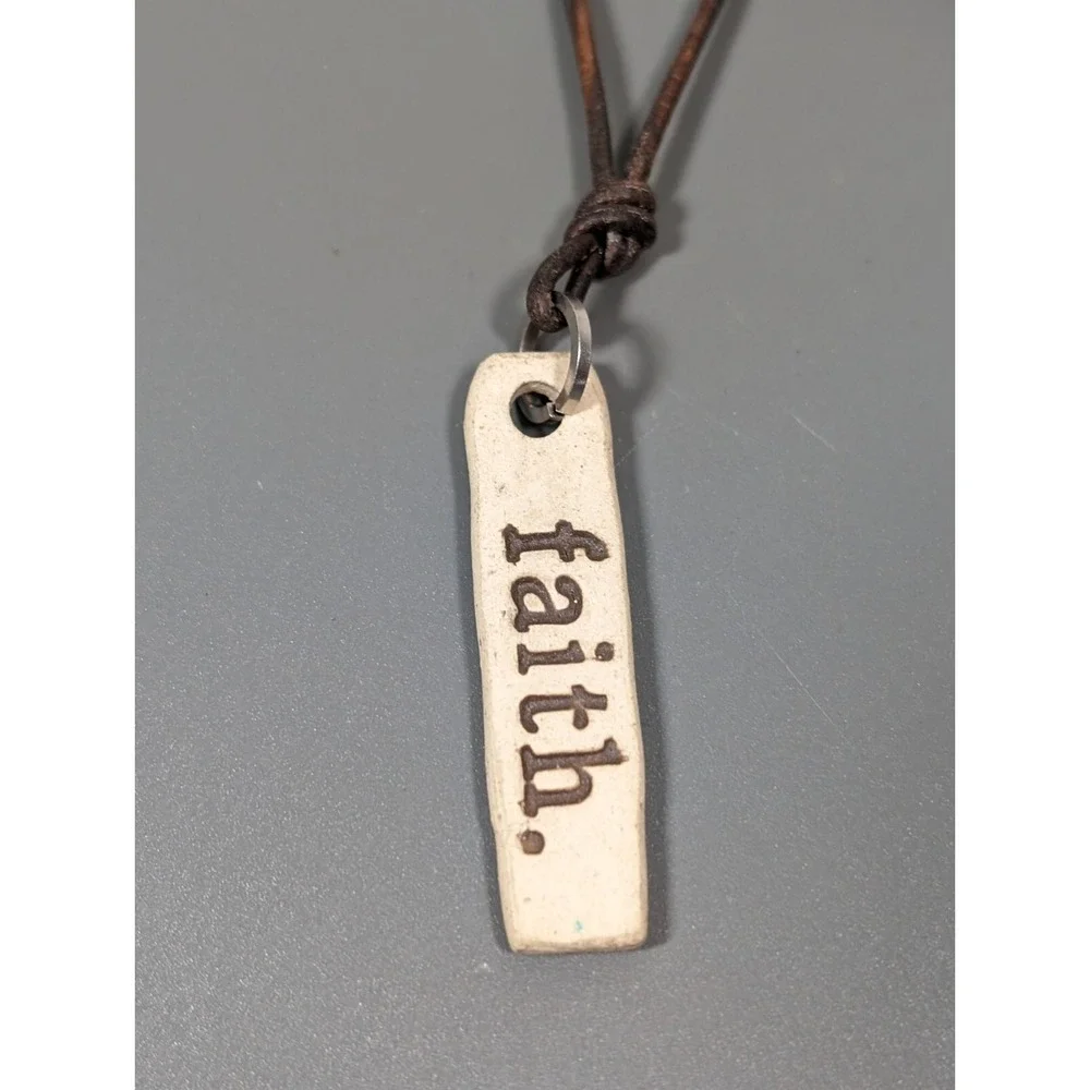 MudLove Inspirational Faith Ceramic‎ Bar Pendant Brown Adjustable Cord Necklace
